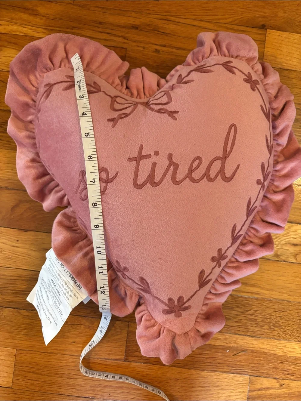 “So Tired” Preppy Pink Heart Bow Throw Pillow w/ Ruffle - New, Unused